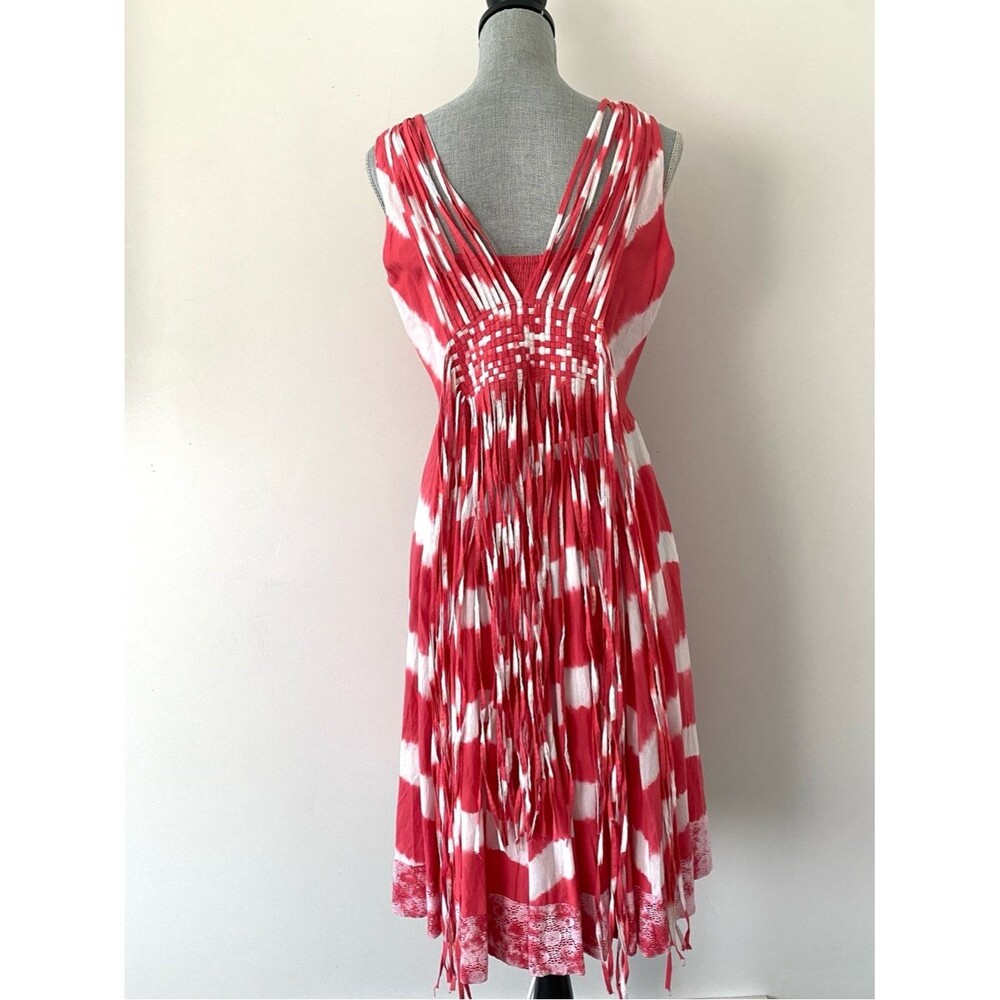 Rare Sundance Island Rhythm Coral Tie-Dye Midi Dress Sz 6 Fringe Back Boho